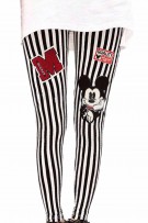  B&W Striped Mickey Mouse Patch Maternity Long Legging Pants - Black + White