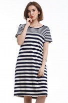 Stripe Maternity + Nursing Short Sleeve Dress with Baby Short Sleeve Short Romper Set - Dark Blue