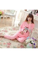 Maternity + Nursing Owl Design+Lace Confinement Set / Sleep Wear - Peach
