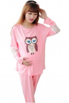 Maternity + Nursing Owl Design+Lace Confinement Set / Sleep Wear - Peach