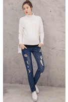 Korean Style Slim Fit With D.Duck Badges & Busted Knees Maternity Denim Long Pants Jeans ( M, L, XL, XXL ) - Blue