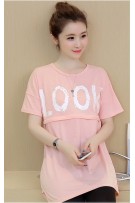 "Look" Printed Short Sleeve Maternity + Nursing Top - Pink