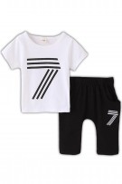 No.7 Print Kids Shirt + Pants (2pcs Set) - White+Black